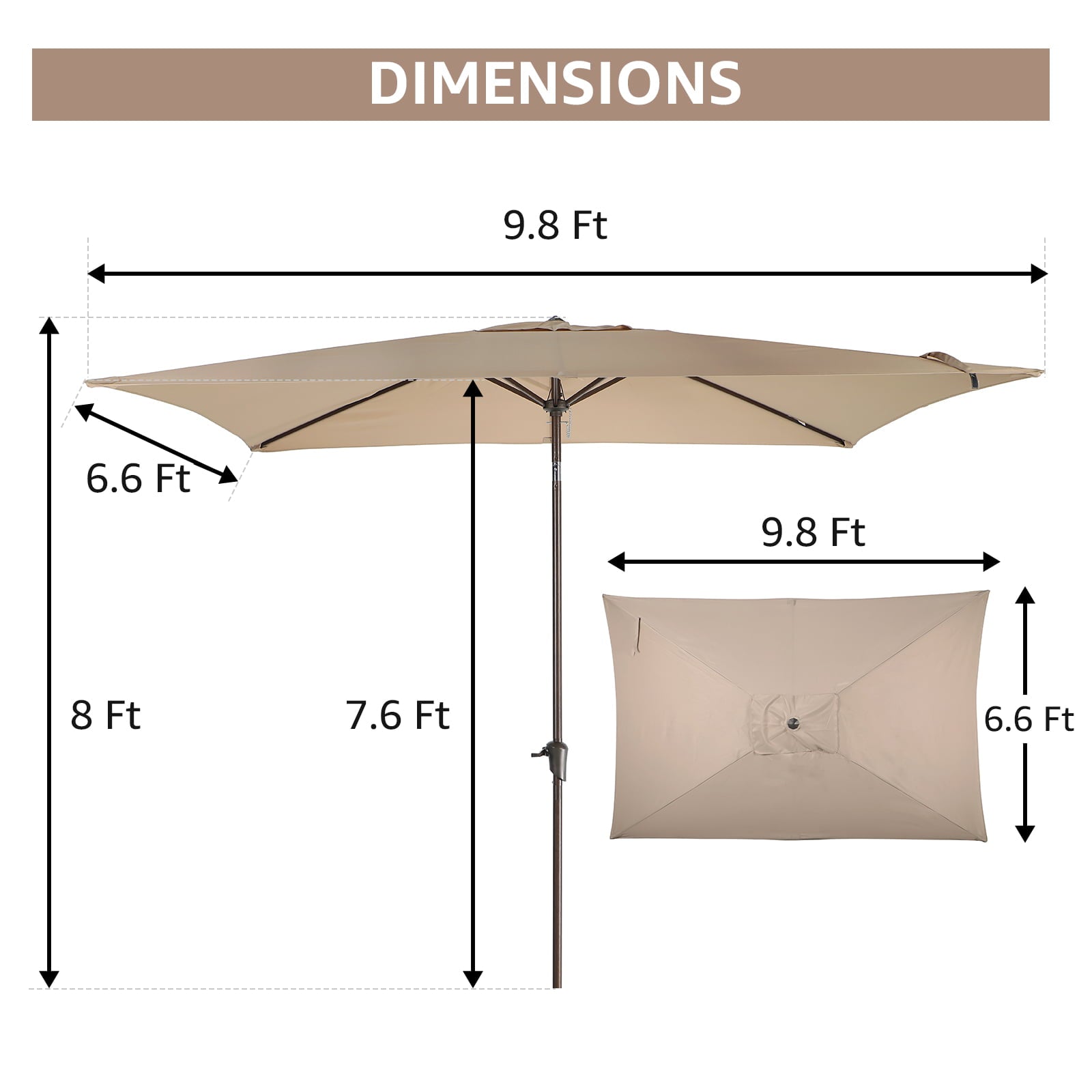 Rectangular Patio Umbrella, 6.6 x 9.8ft Outdoor Table Market Umbrella with Push Button Tilt/Crank, Beige