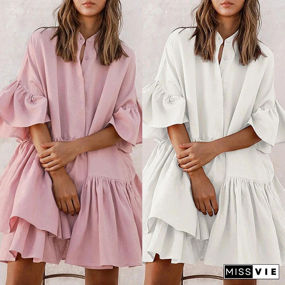 Summer Elegant Pink Ruffle Women Dresses Boho Button Cardigan Chiffon Dresses Casual Vintage Butterfly Sleeve Dress Vestido