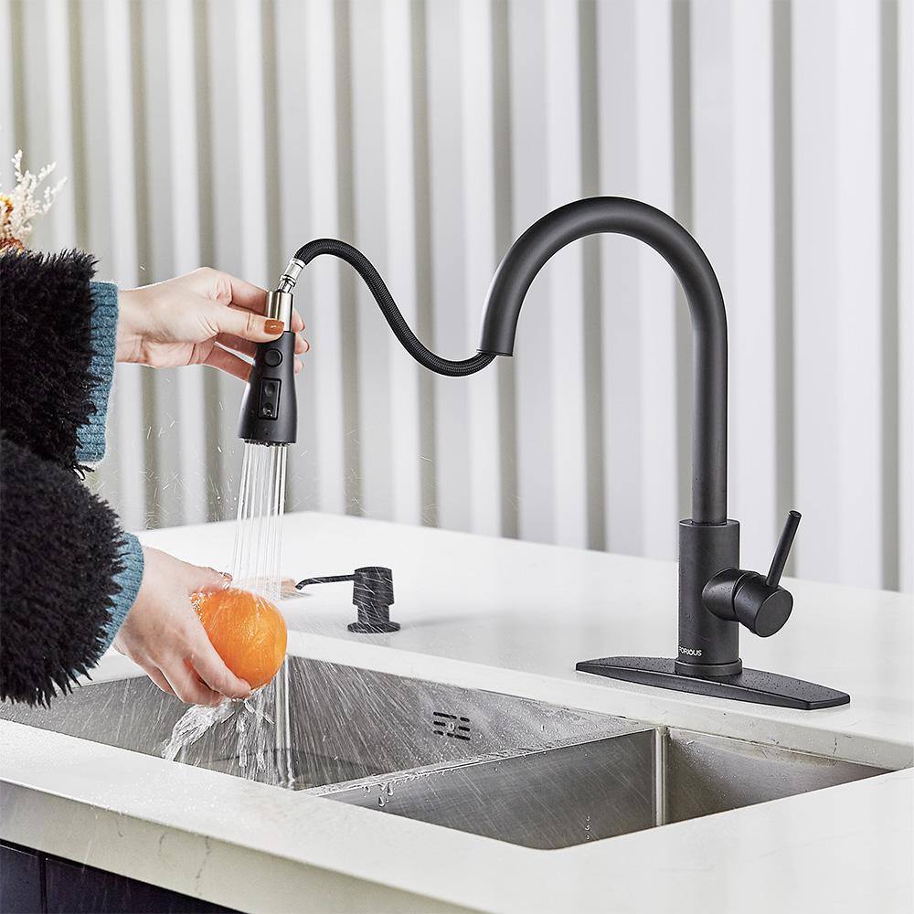 FORIOUS Single-Handle Kitchen Faucet with Pull Down Sprayer High-Arc Kitchen Sink Faucet with Deck Plate in Matte Black HH0023CB