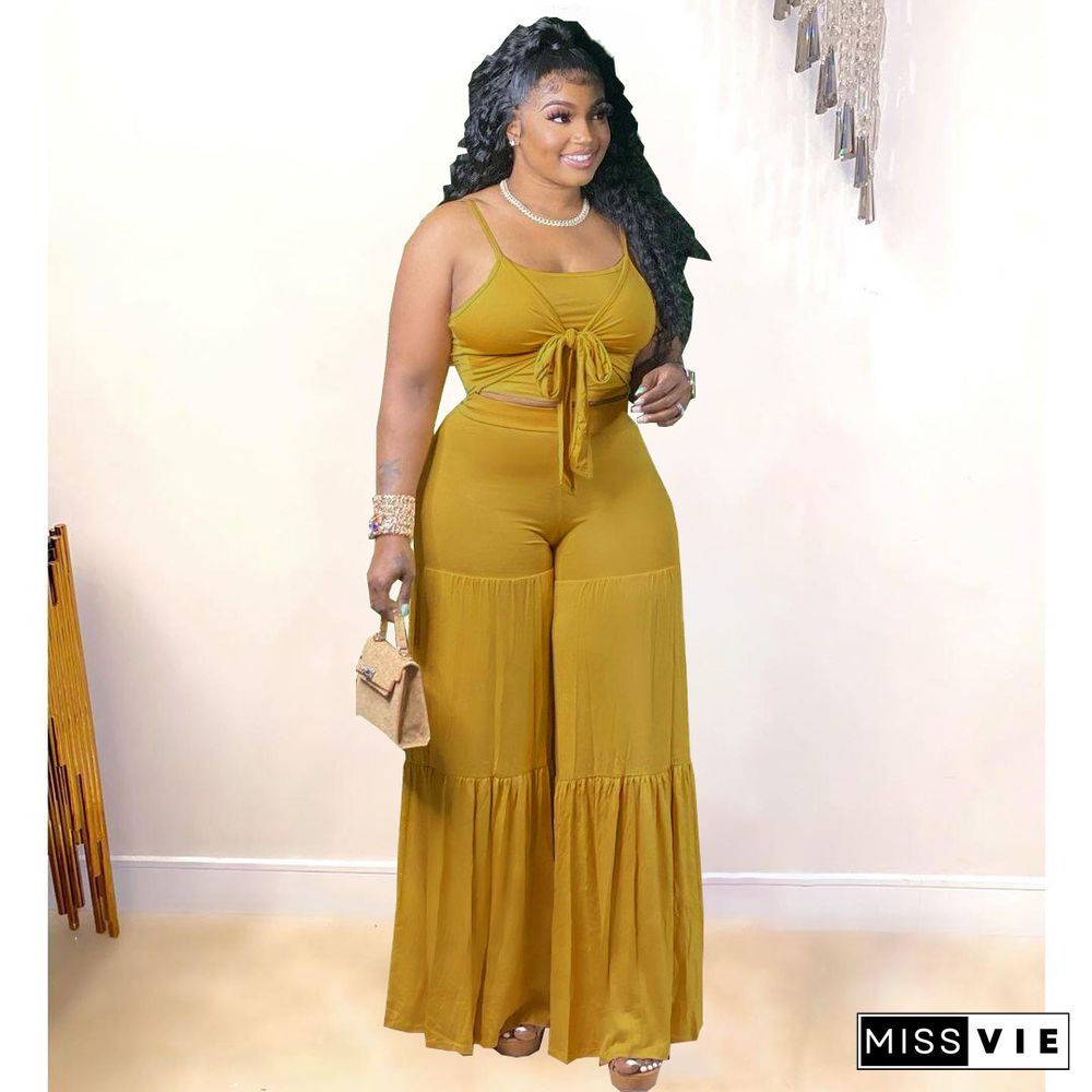 Women Plus Size Solid Color Spaghetti Strap Lace-up Crop Tops Wide Leg Pants Casual Loose 2 Pieces Set