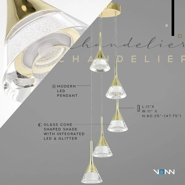VONN Lighting Amalfi 5-Light ETL Certified Integrated LED Adjustable Chandelier Shades Gold - 11 