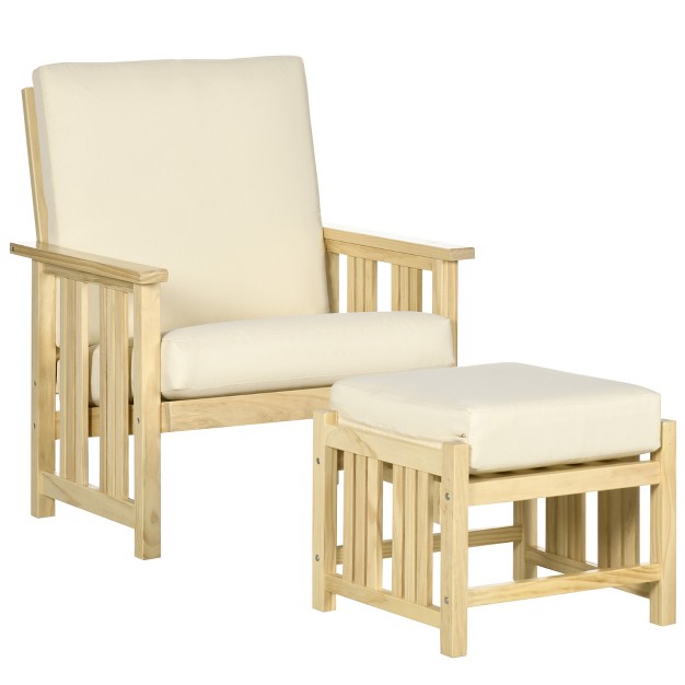 Outsunny Patio Furniture Set Wood Outdoor Patio Chair With Ottoman 2 Piece Cushioned Outdoor Lounge Chair Sofa Chair With Footrest Beige