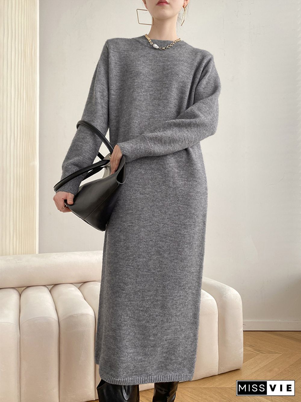 Urban Loose Long Sleeves Solid Color Round-Neck Sweater Dresses