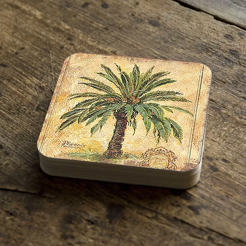 Palm Tree Coastal Wooden Cork Coasters Gift Set of 4 by Nature Wonders