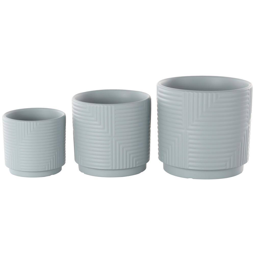 Litton Lane 7 in. 6 in. and 4 in. Small Gray Ceramic Planter with Layered Square Shaped Grooves (3-Pack) 43853