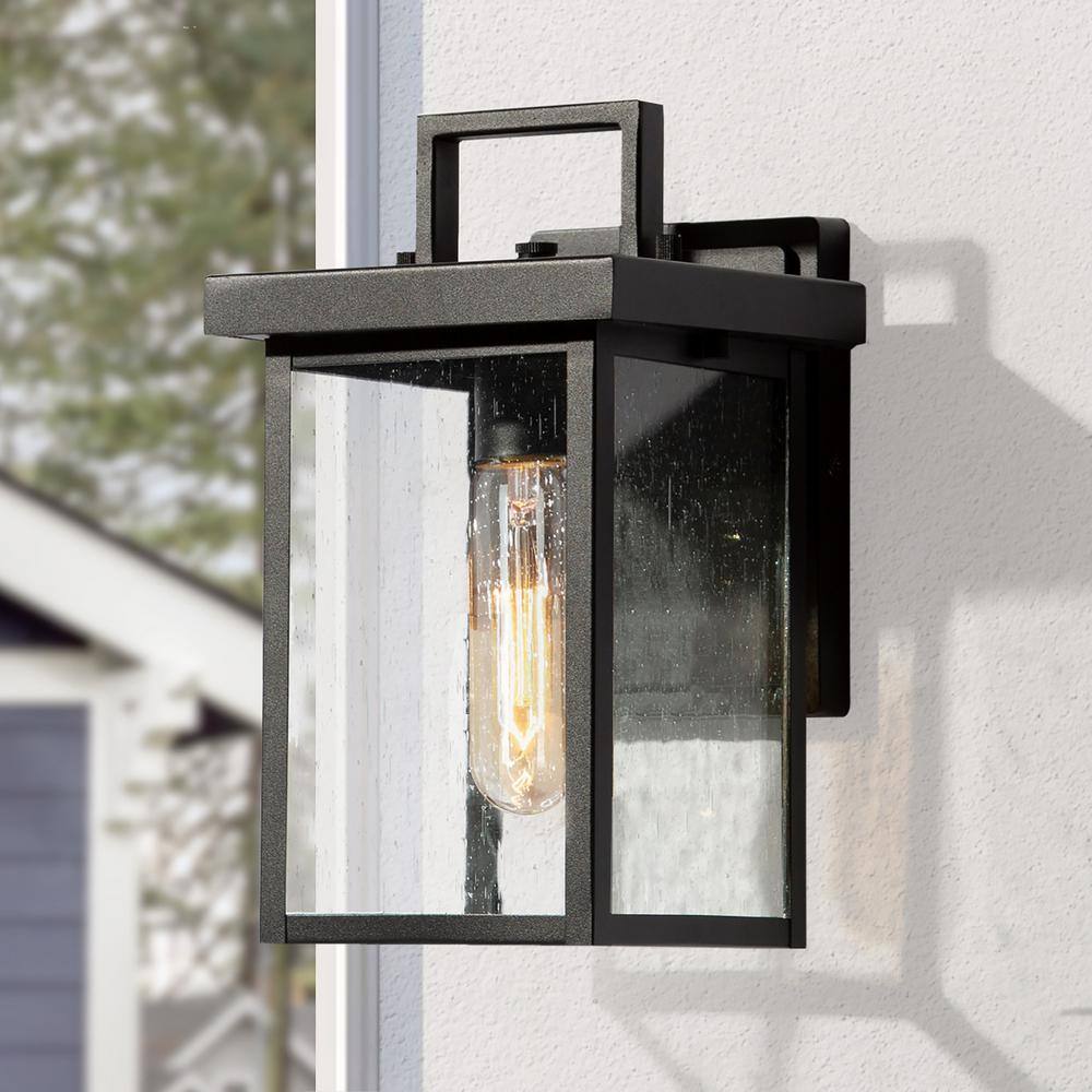 LNC Matte Black Outdoor Wall Light 1-Light Cage Modern Outdoor Wall Lantern Porch Wall Sconce with Seedy Glass ZRZIQMHD14122B7