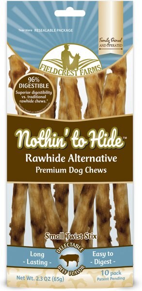 Fieldcrest Farms Nothin' To Hide Rawhide Alternative Premium Dog Chews Small Twist Stix Beef Flavor Natural Chew Dog Treats， 10 count