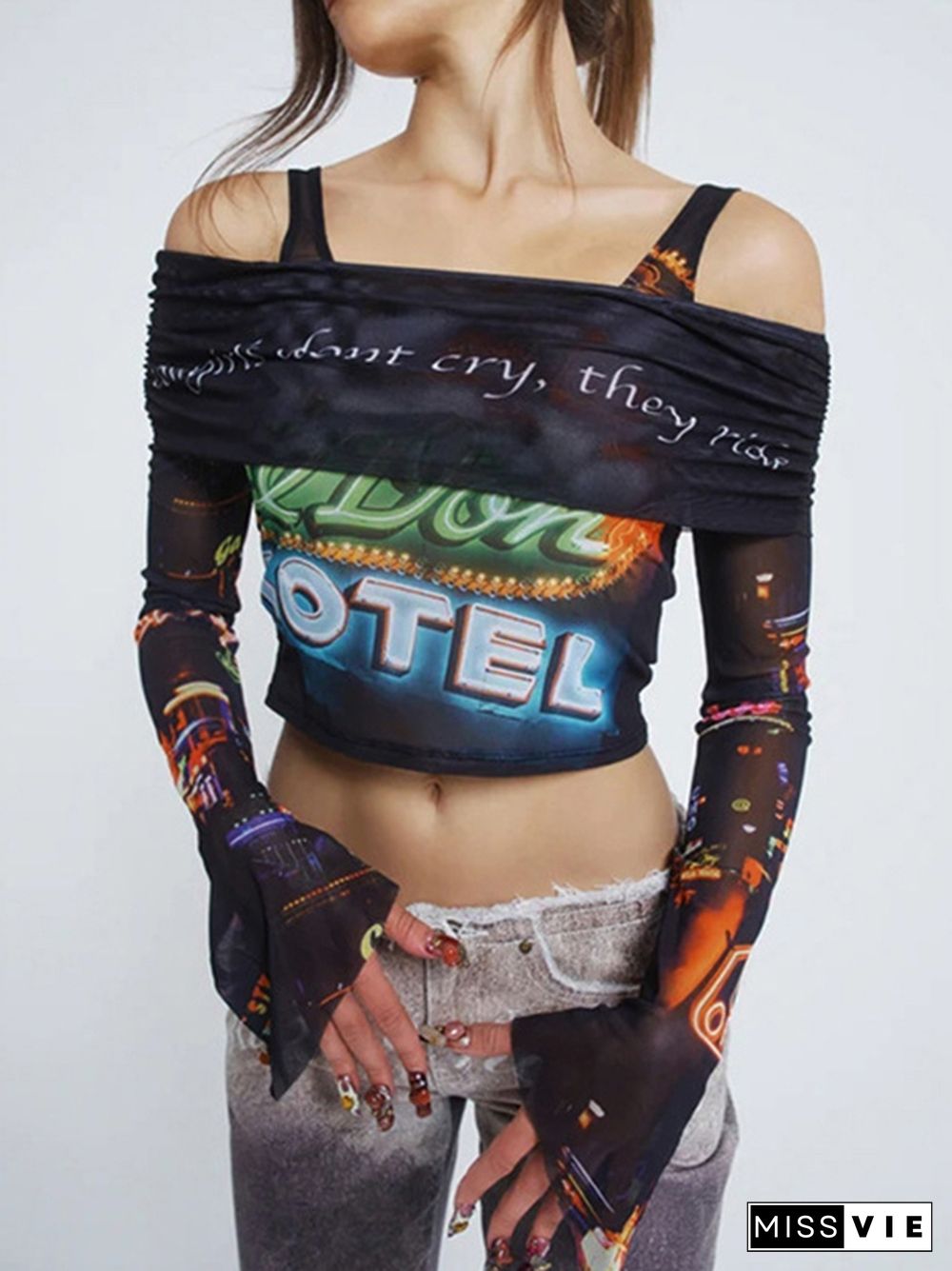 Cool Print Mesh Crop Slim Long Sleeve Tee