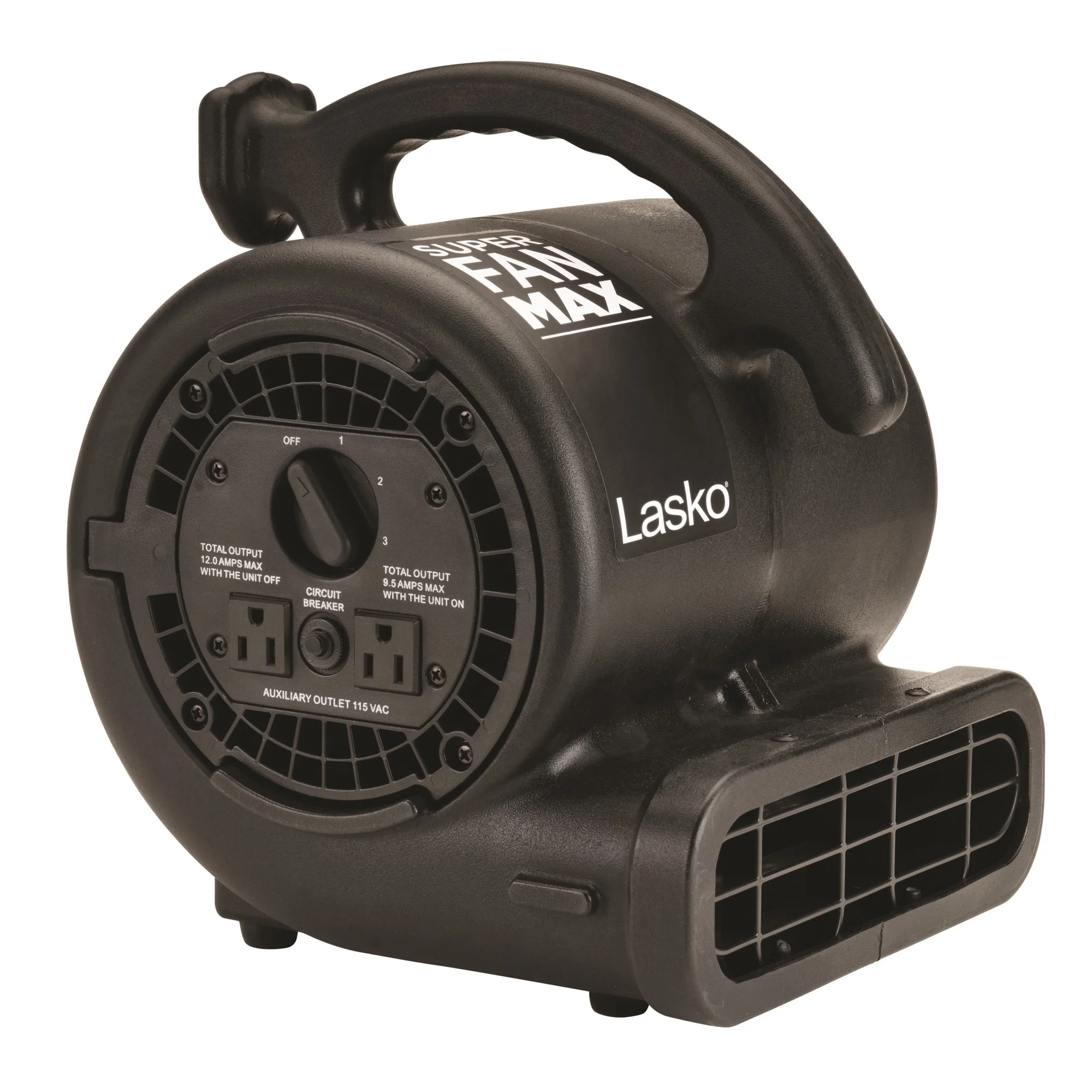 Lasko 3-Speed Super Fan Max Air Mover Floor Fan with Outlets， Black