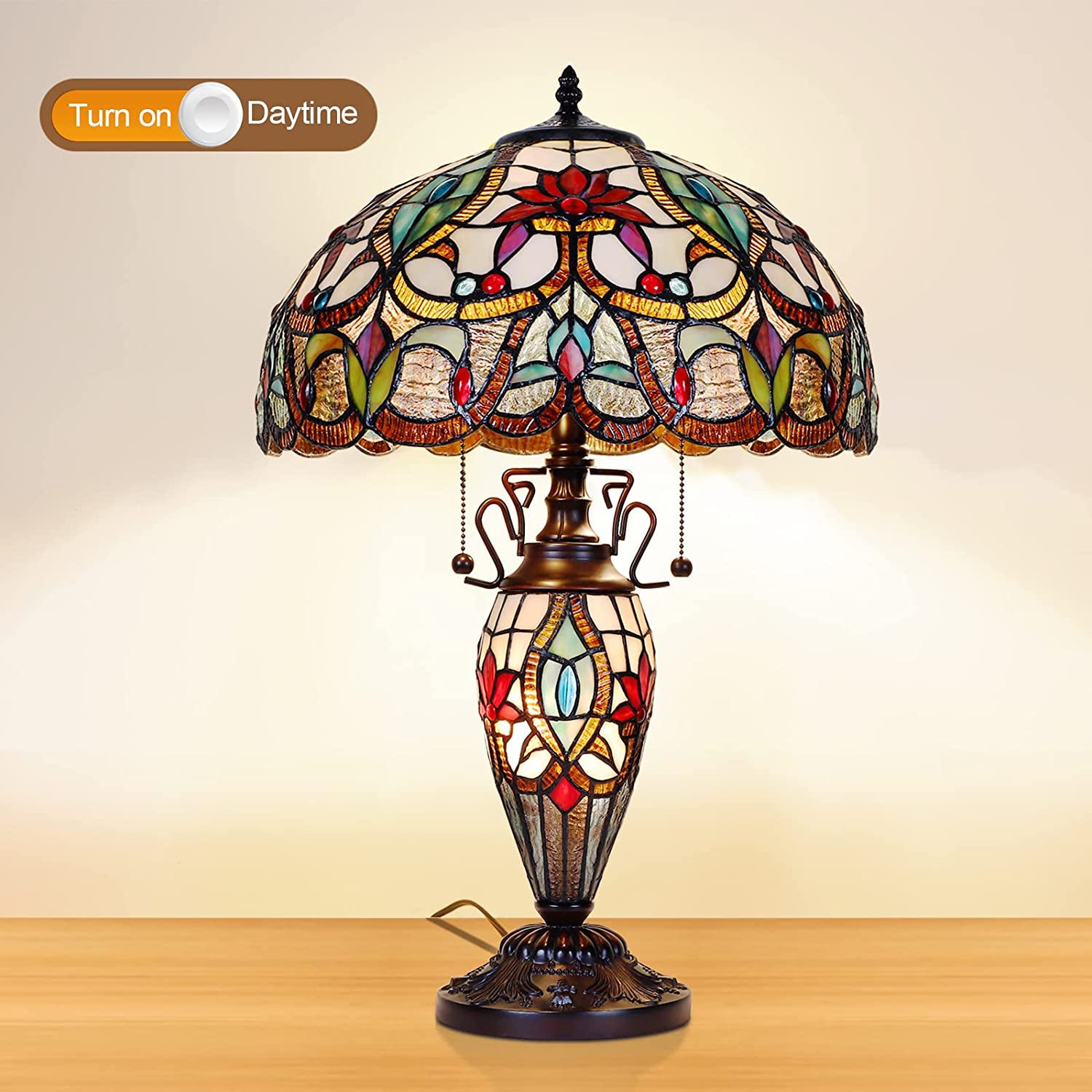 MOOVIEW  Lamp Night Light Stained Glass  Table Lamp 24\u2019\u2019 Tall Vintage Living Room Bedroom  Office Bedside Reading Lamp 3 LED Bulb Included  Orange Christmas Gift