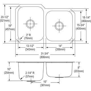 Elkay Avenue Undermount Stainless Steel 32 in. Offset Double Bowl Kitchen Sink HDU312010R