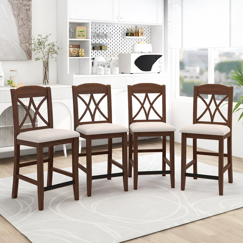 Casual Counter Height 5 Piece Dining Set   Solid Wood Table with 4 Upholstered Chairs   Storage Drawer   Walnut+Beige