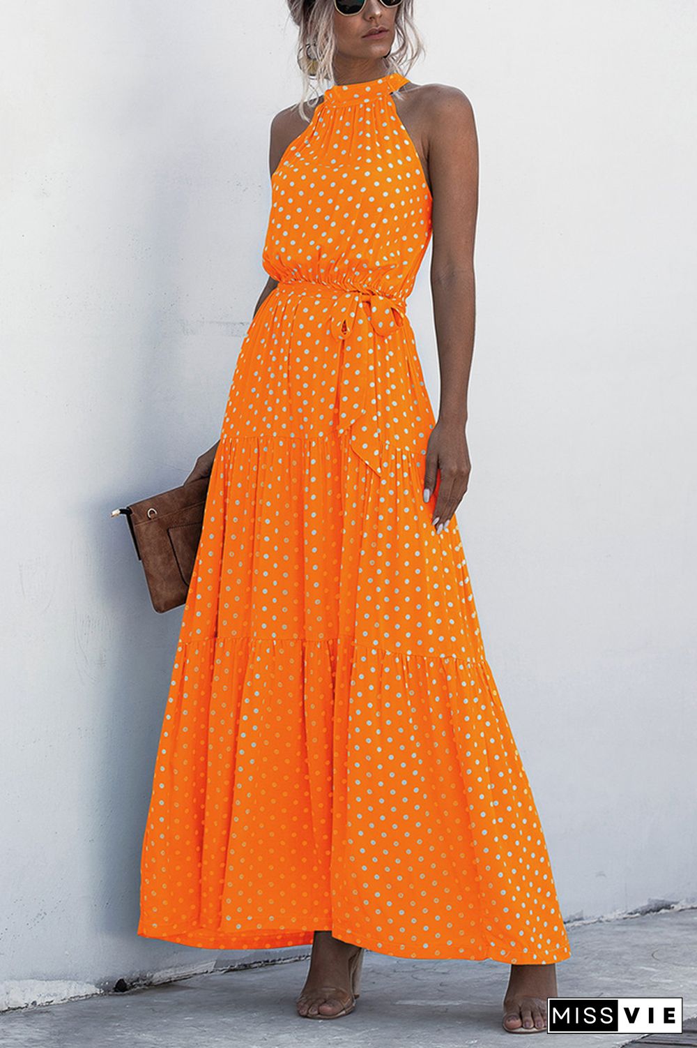 Halter Polka Dot Print Tie Waist Maxi Dress Wholesale