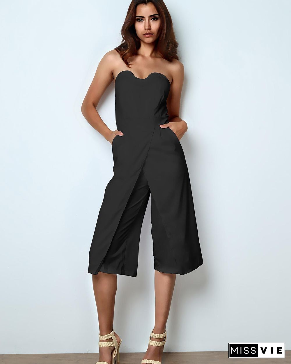 Sexy High Slit Patchwork Strapless Flared Jumpsuit