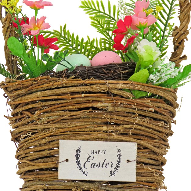 National Tree Company Artificial Woven Basket Decorated With Colorful Flower Blooms Leafy Greens Easter Collection 15 Inches