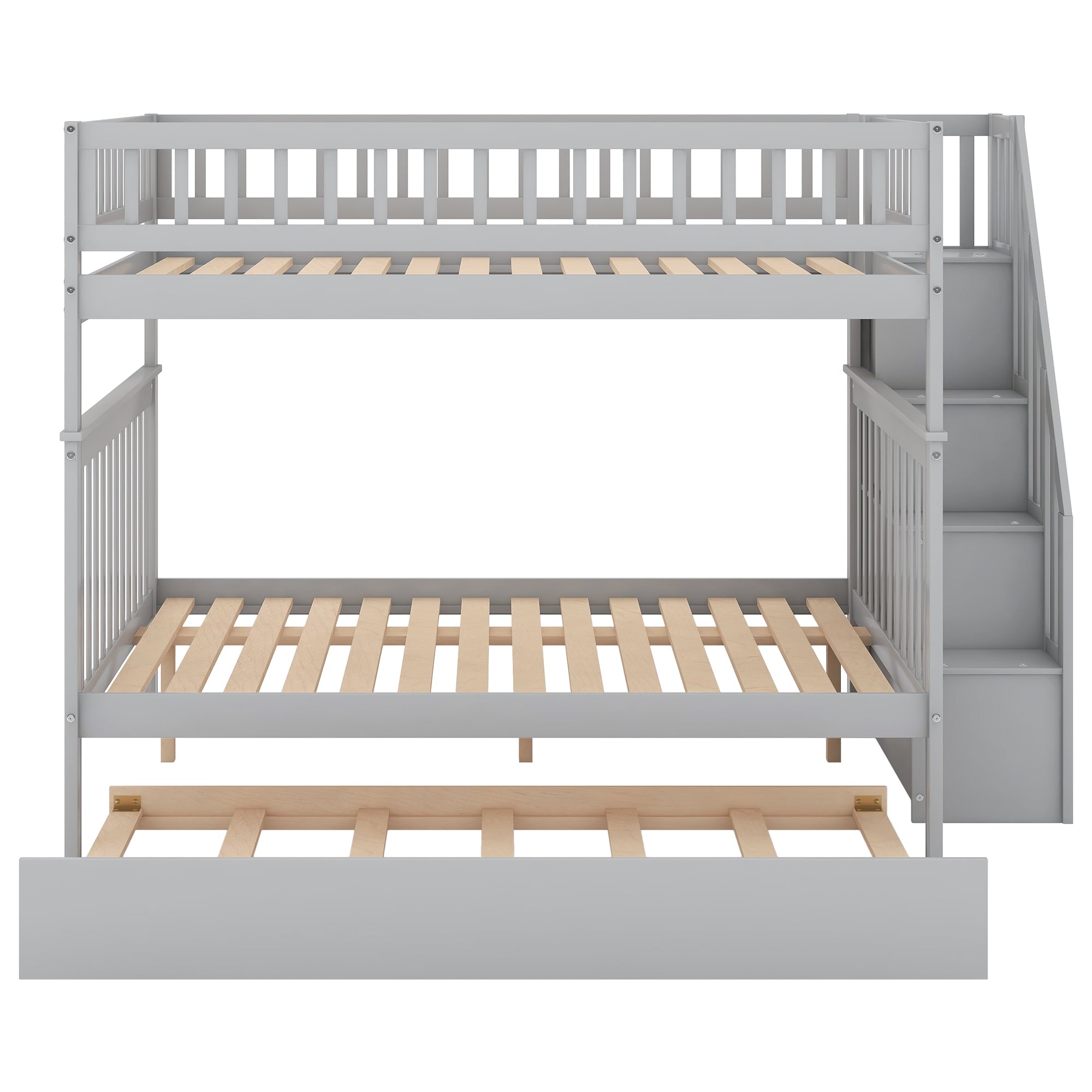 Euroco Full over Full Bunk Bed with Trundle and Storage Shelves for Kids, Gray