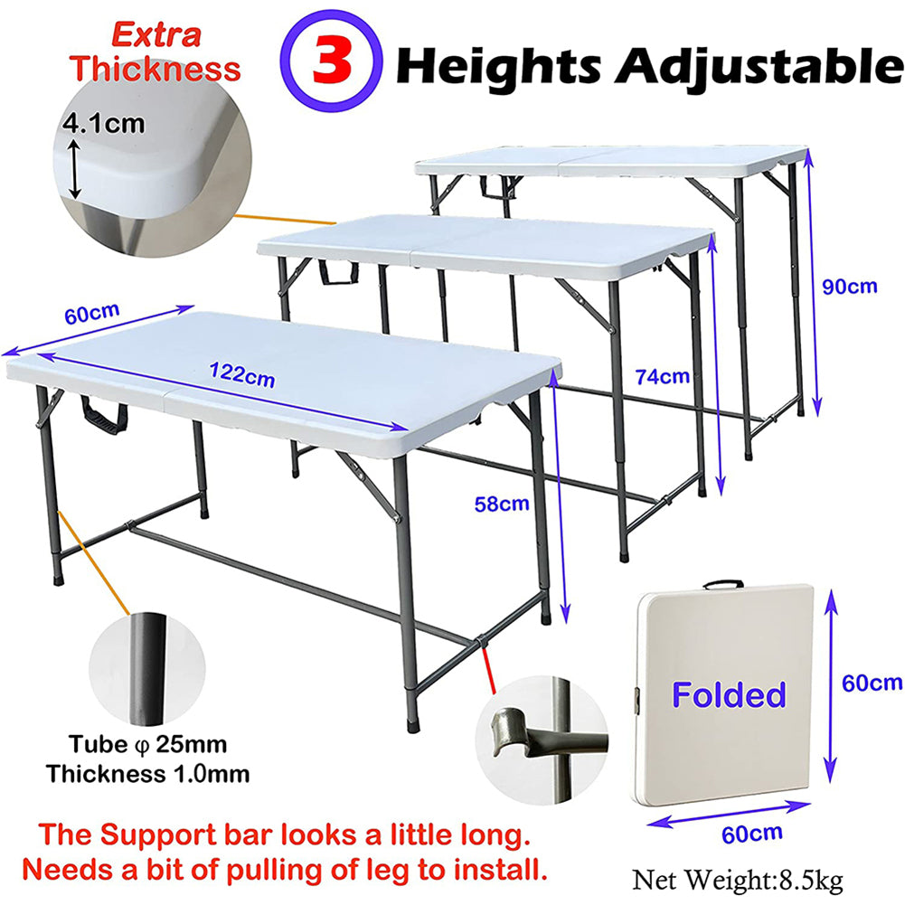 4Ft Folding Table 3 Adjustable Height Portable Plastic Heavy Duty， 48