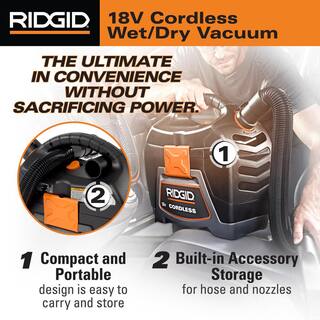 RIDGID 3 Gallon 18-Volt Cordless Handheld WetDry Shop Vacuum (Tool Only) with Filter Expandable Locking Hose and Accessories WD0319