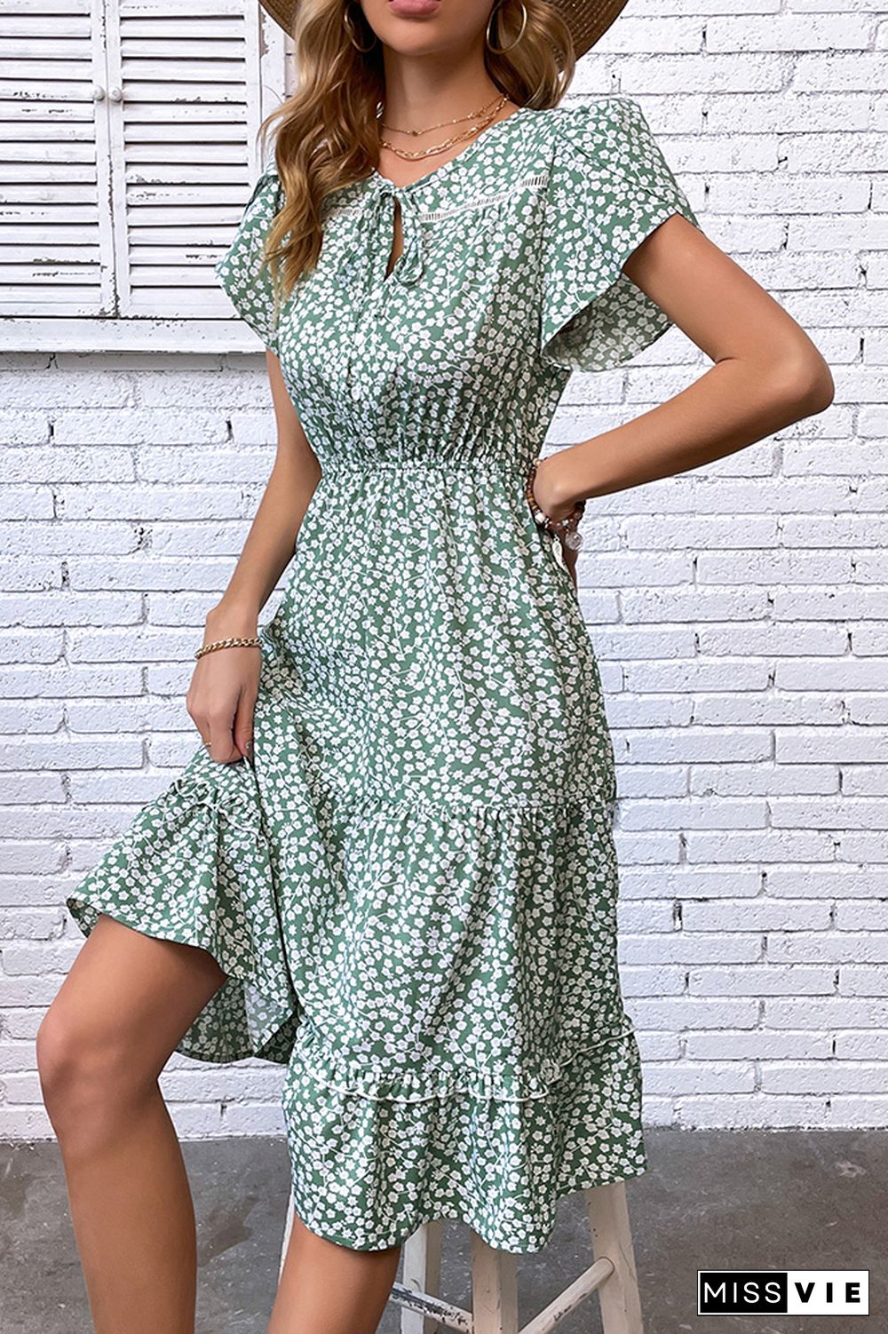 Green Flower Print Elastic Wasit Splicing Dress