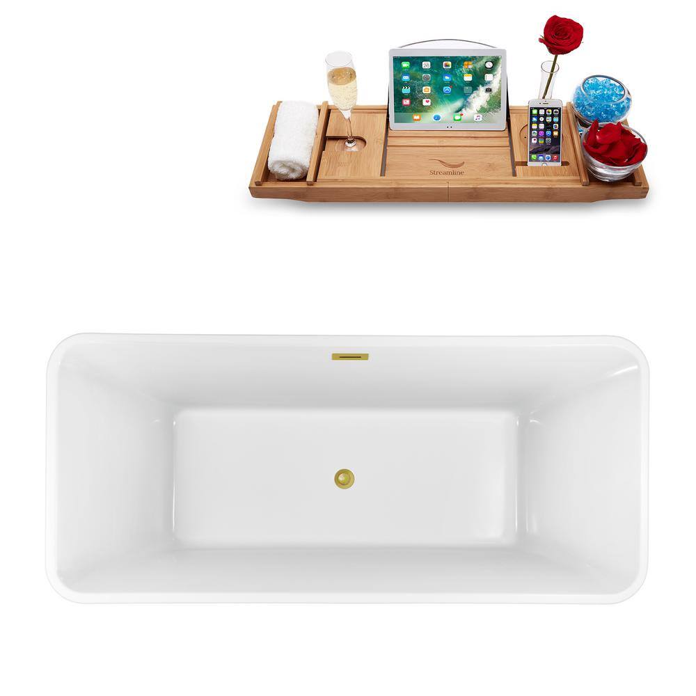 Streamline 71 in. Acrylic Flatbottom Non-Whirlpool Bathtub in Glossy White with Polished Gold Drain and Overflow Cover N1000GLD