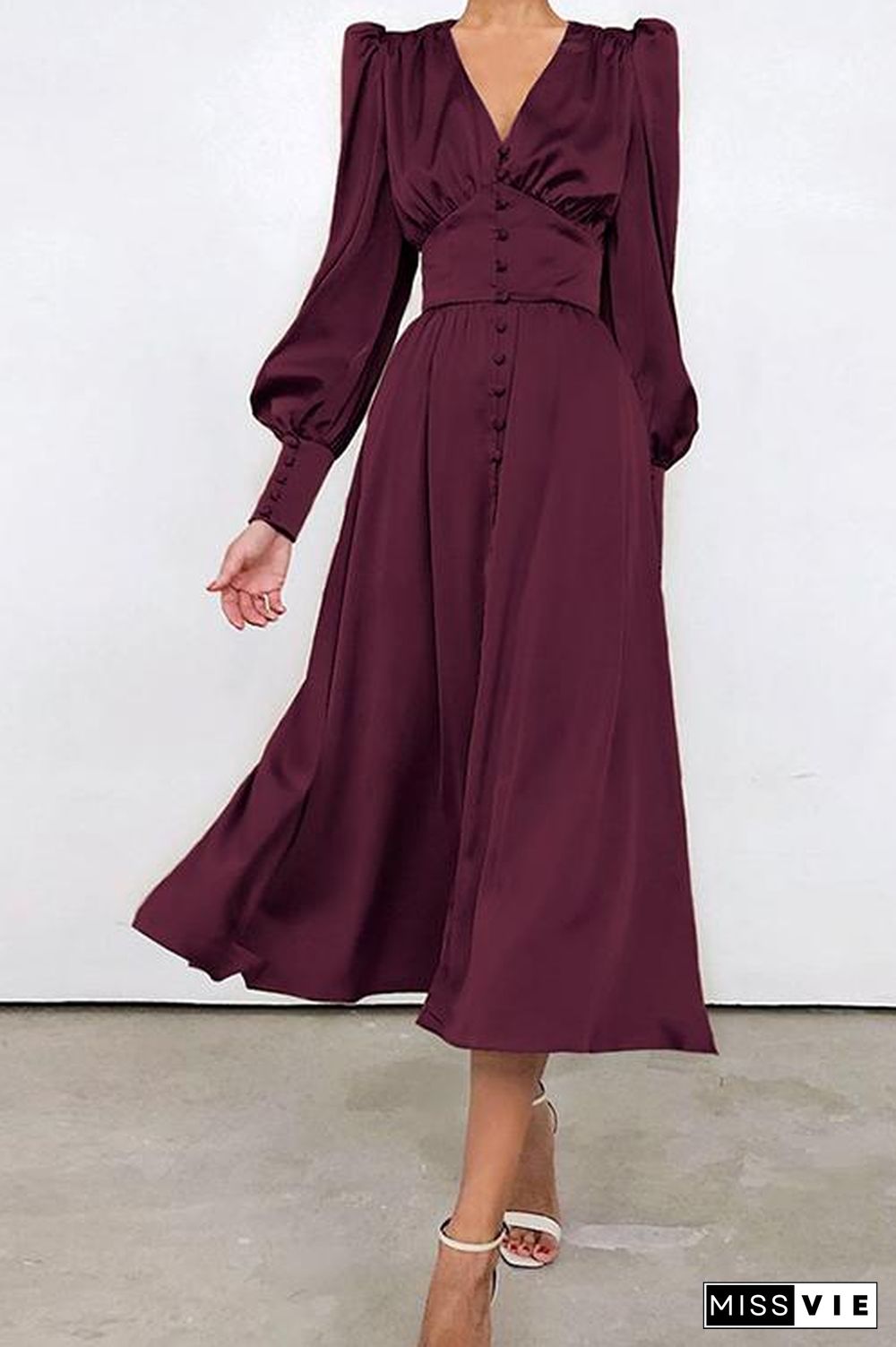 Satin Button Puff Long Sleeve Dress