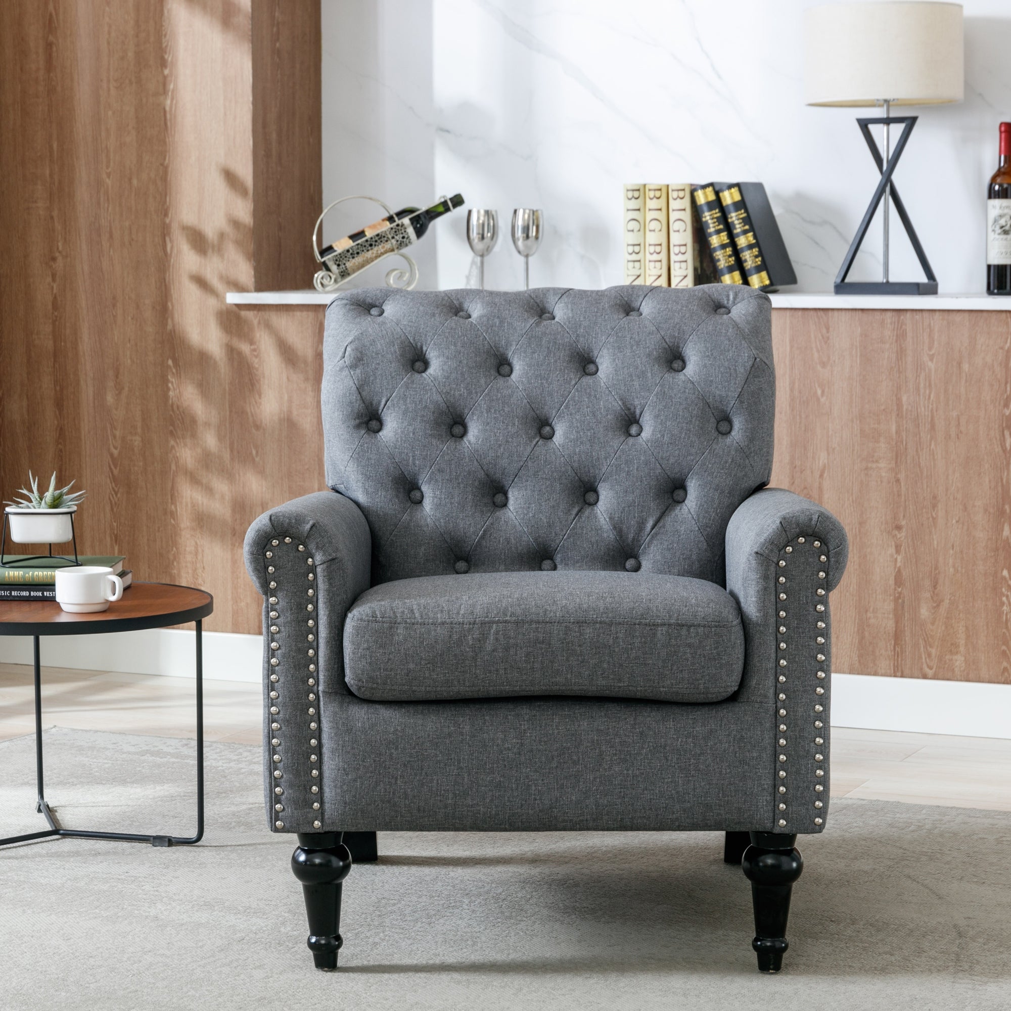 Linen Fabric Accent Armchair Tufted Upholstered Sofa， Dark Gray