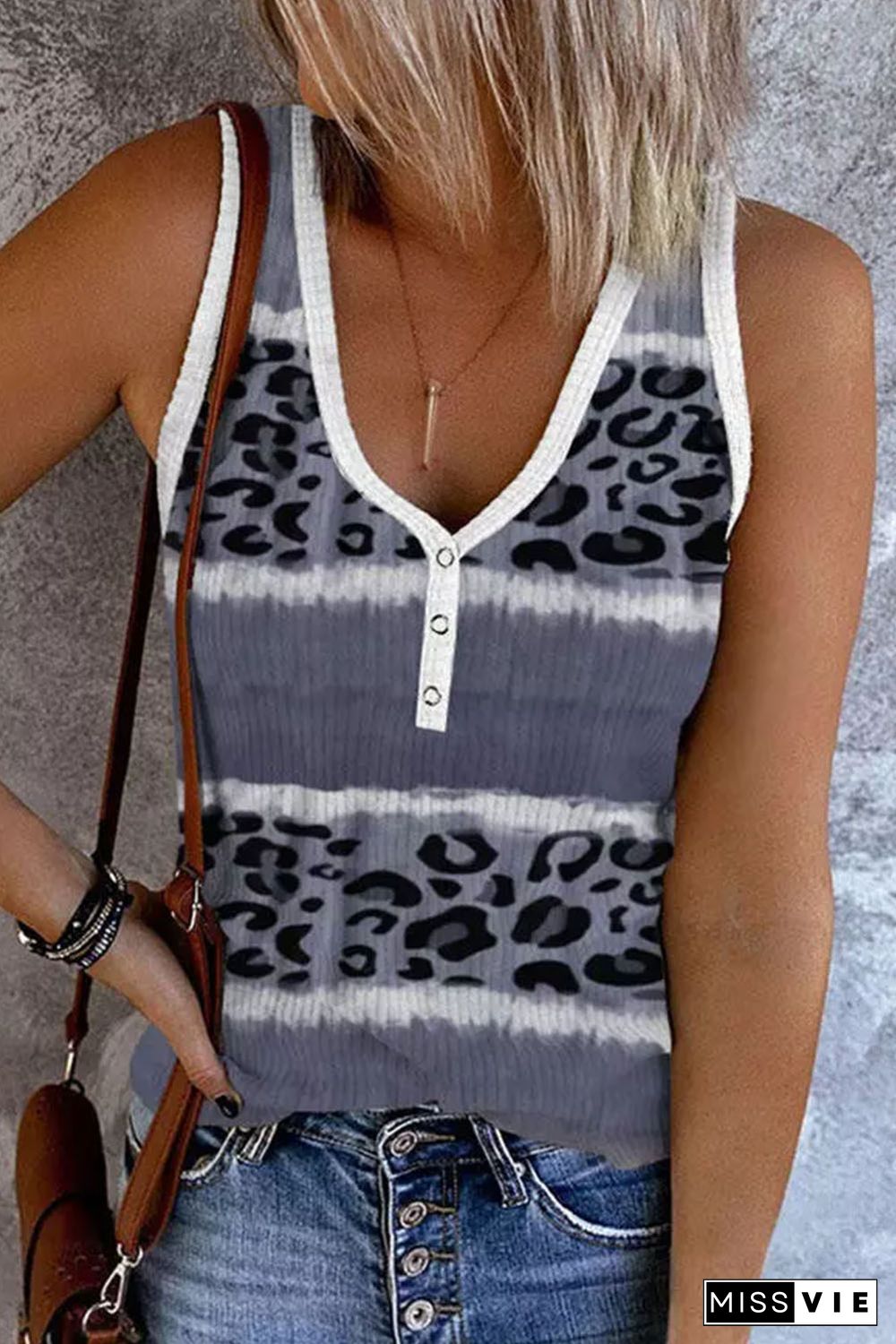 Gray Ribbed Leopard Tie Dye Snap Button Tank Top