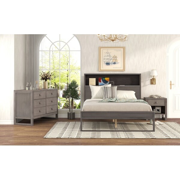 3 Pieces Bedroom Furniture Set， Solid Wood Bedroom Set - Full Size Platform Bed， Wide Chest of Drawers for Closet - - 38050432