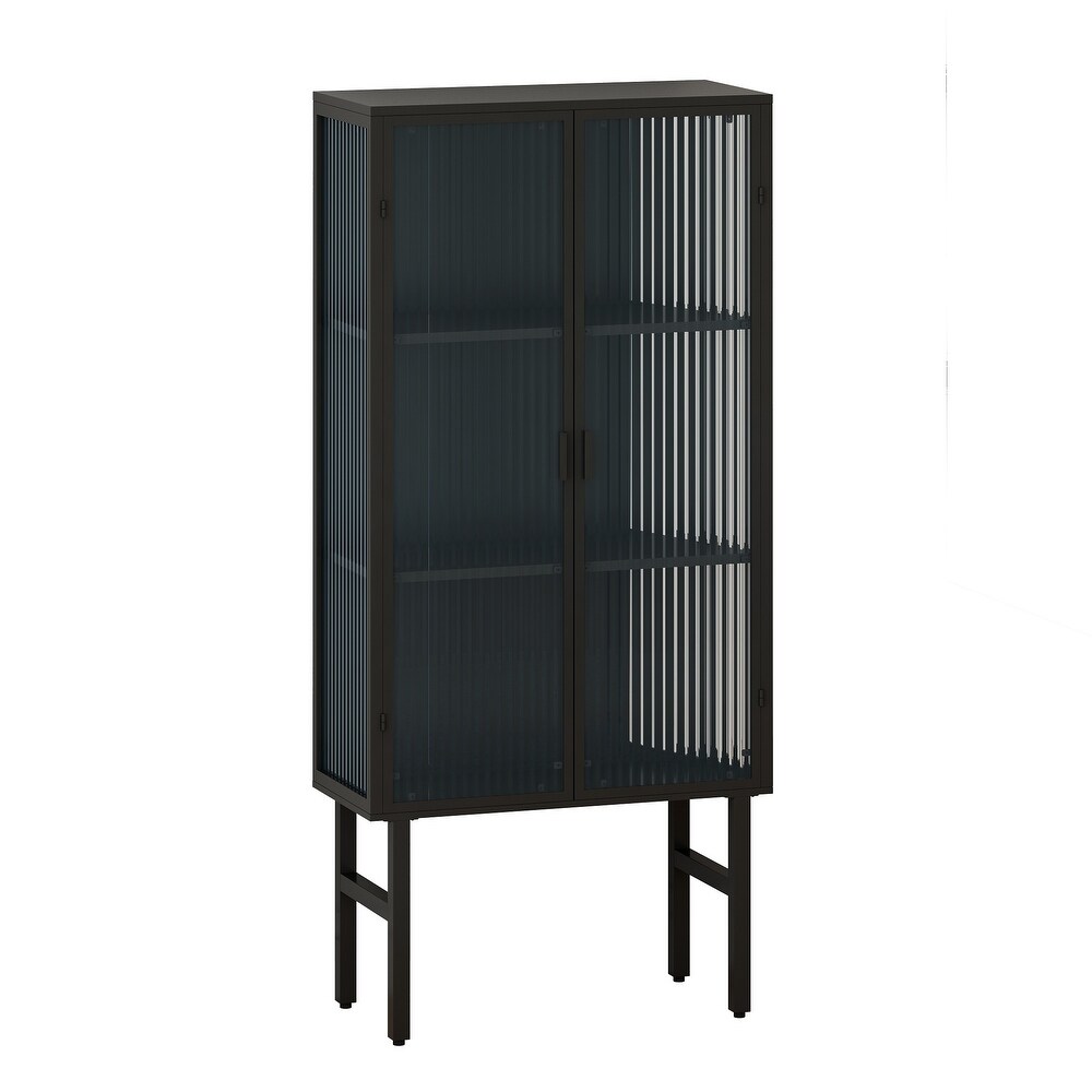 Multi function High Cabinet with 2 Glass Doors and Metal Legs