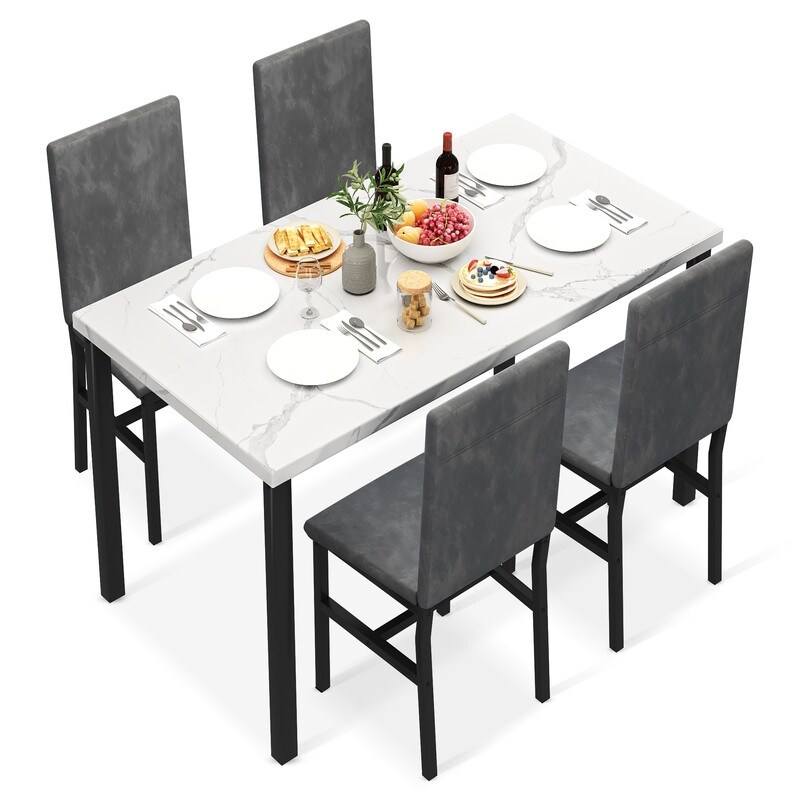 Grondin Modern Style Faux Marble Top 5 Piece Casual Dining Set with 4 Velvet Upholstered Dining Chairs