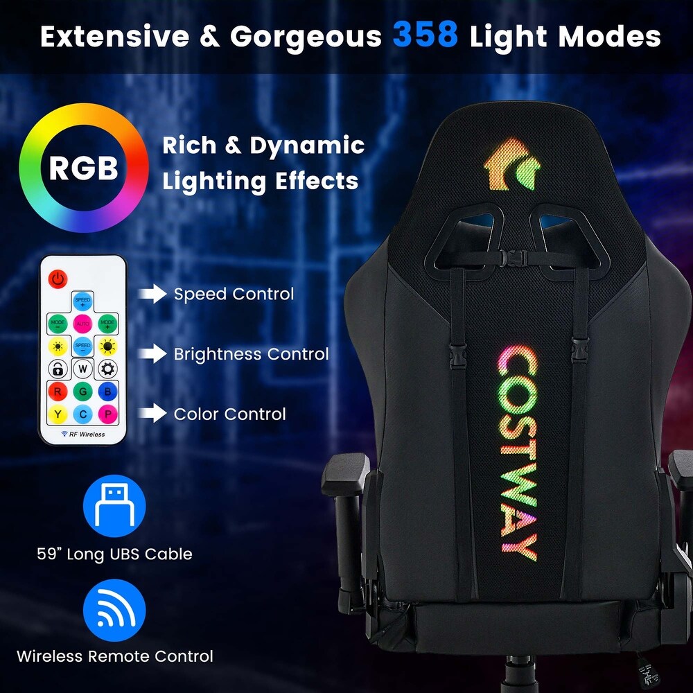 Costway Gaming Chair with RGB LED Lights Racing Game Chair with Meta