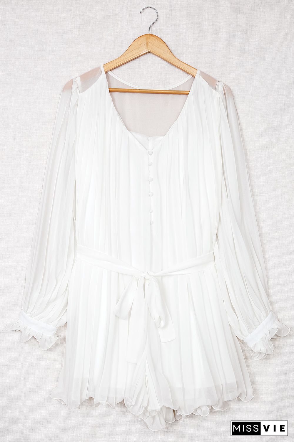 White Pleated Ruffled Tie Waist Buttons V Neck Romper