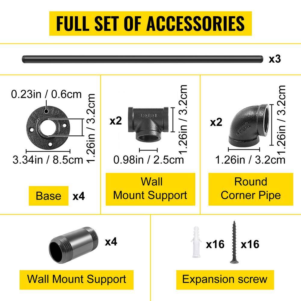 VEVOR 10 ft. Pipe Stair Handrail 440 lbs. Load Capacity Wall Mounted Handrail Round Corner Handrails for Outdoor Steps Black TZBGSLTFSGY10E0RRV0