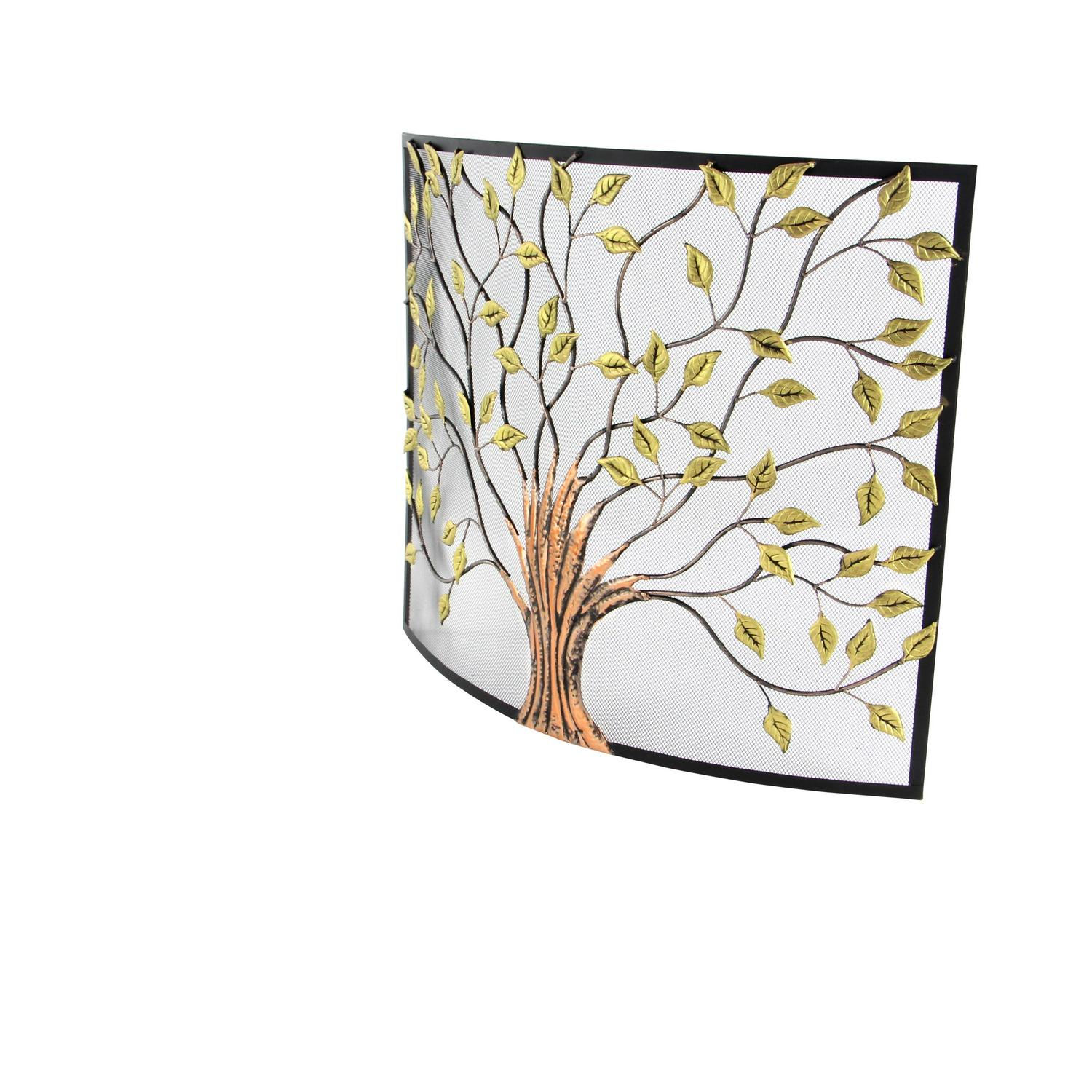 Dec Mode Farmhouse Metal Fireplace Screen with Brown and Green Tree Detail， 39 W x 33 H， Black Frame