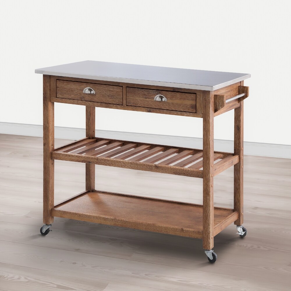 kitchen island on wheels with 2 Drawers Wooden Frame Metal Top and 4 Casters   Open Storage Shelf Lockable Wheels Kitchen Cart