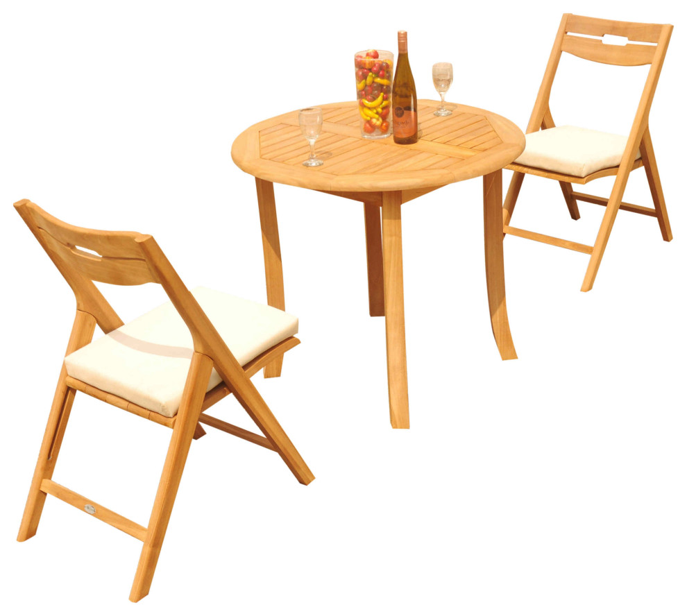 3 Piece Outdoor Teak Dining Set: 36 quotRound Table  2 Surf Folding Arm Chairs   Transitional   Outdoor Dining Sets   by Teak Deals  Houzz