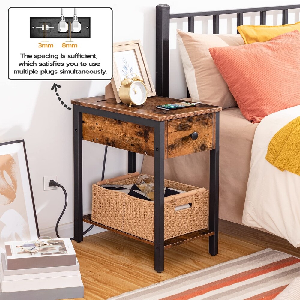 Side Table with Charging Station  Narrow Nightstand with Drawer   USB Ports   Power Outlets  End Table for Small Spaces