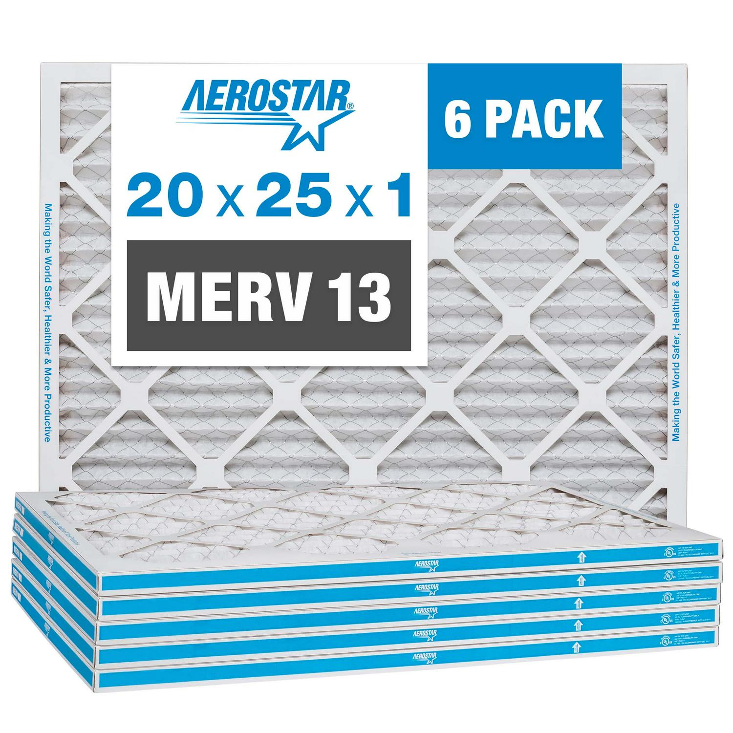 Aerostar 20x25x1 MERV 13 Pleated Air Filter， AC Furnace Air Filter， 6 Pack