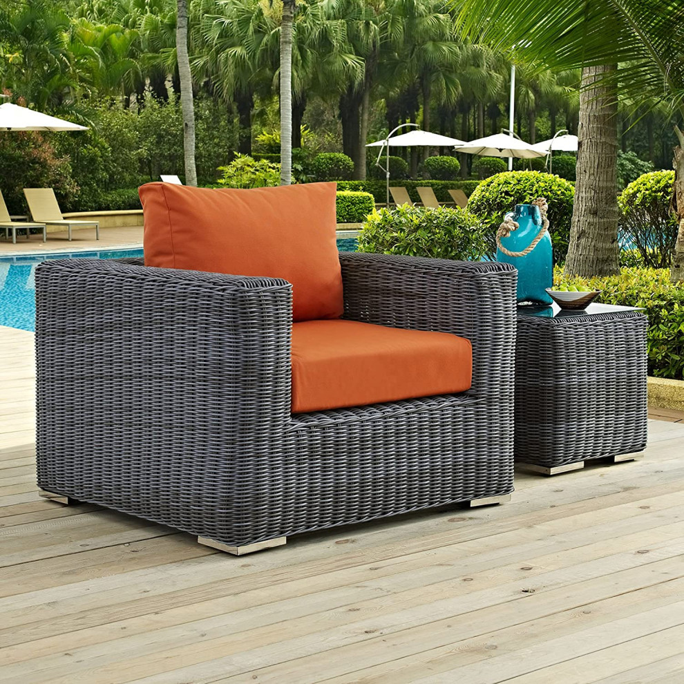 Outdoor Chair  Wicker Covered Aluminum Frame and Orange Sunbrella Cushions   Tropical   Outdoor Lounge Chairs   by Decor Love  Houzz