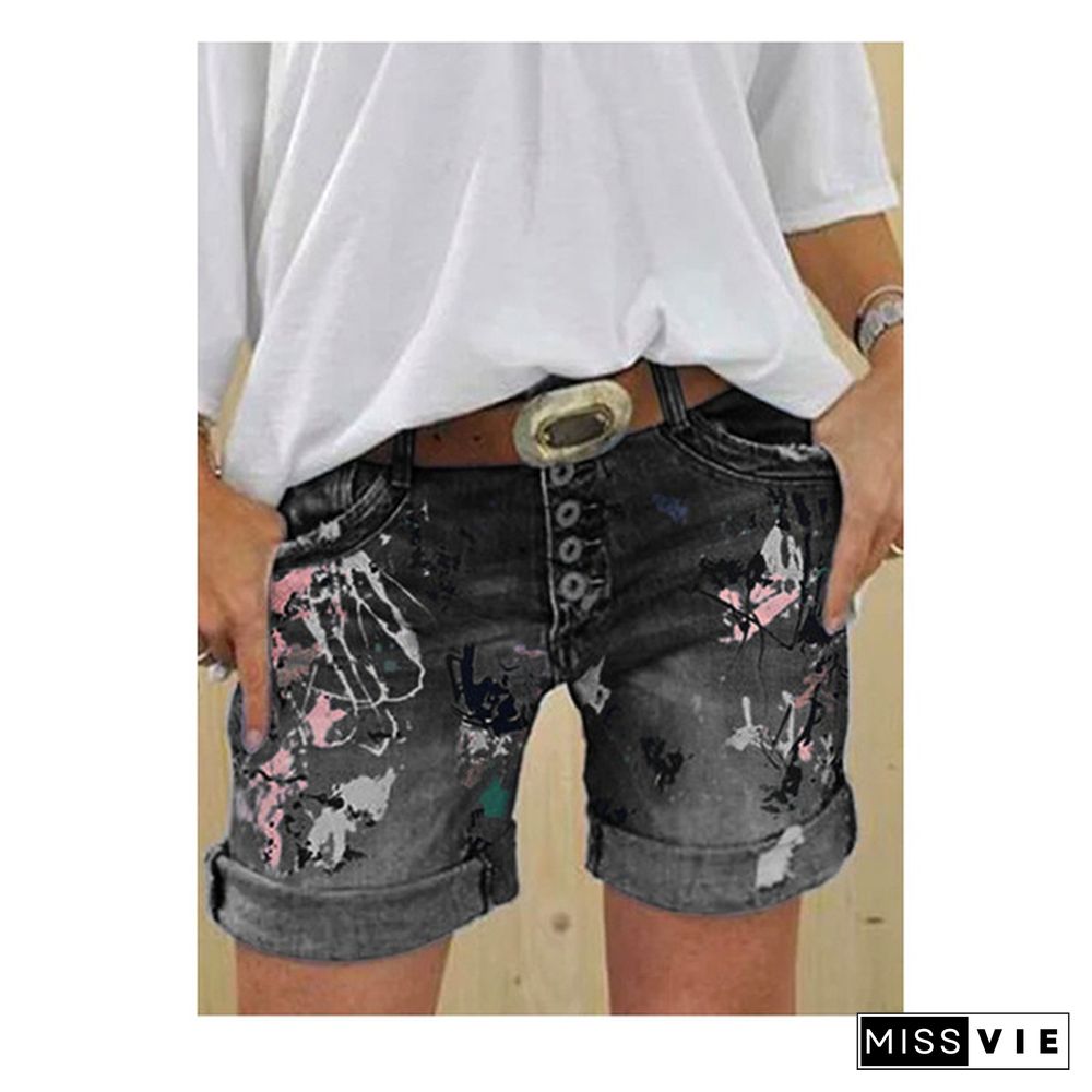 Brand New Plus Size Women's Denim Shorts Washed Printed Jeans Summer Denim Shorts