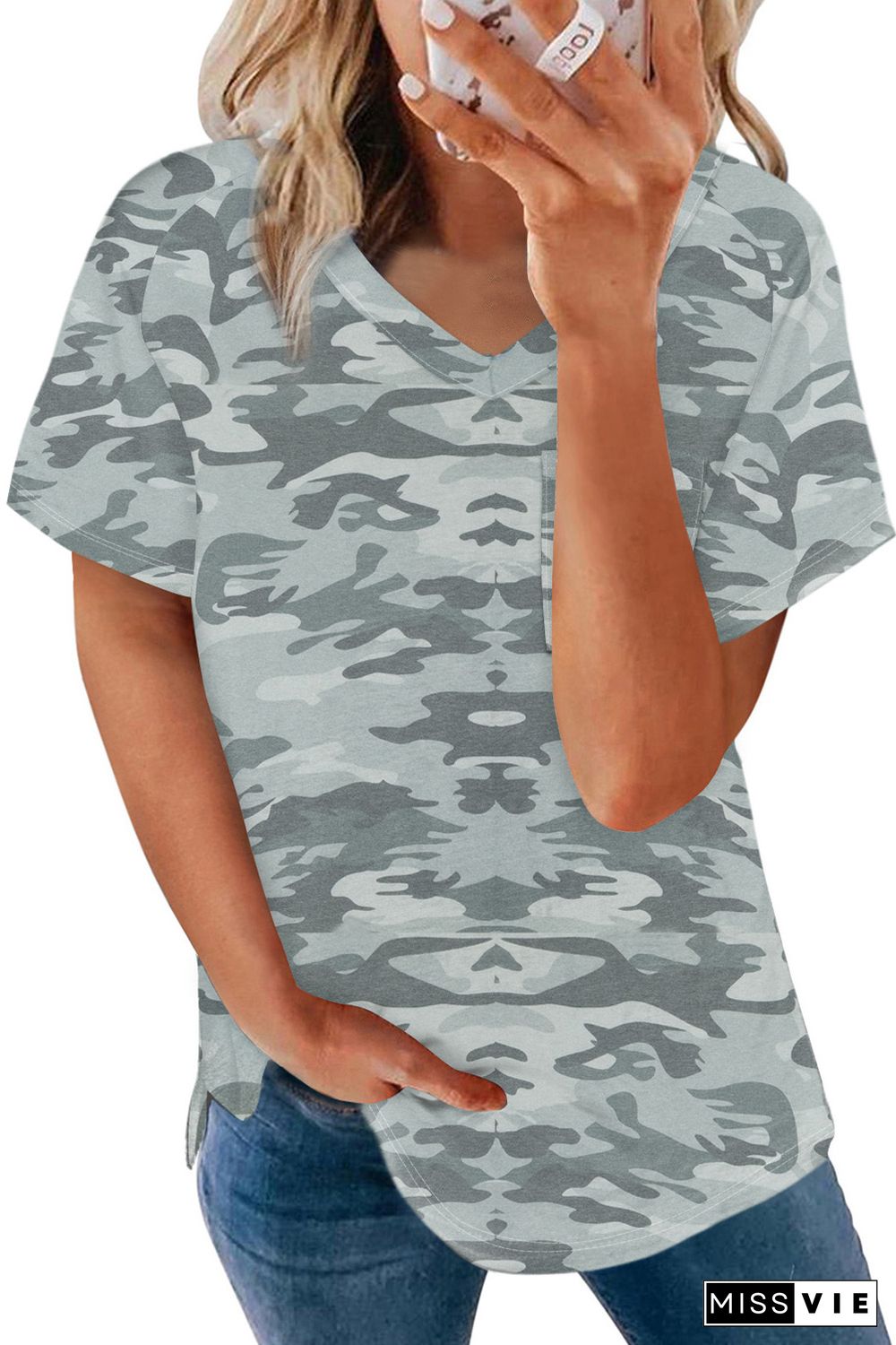 Green V Neck Front Pocket Camo Tee