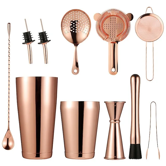 Boston Cocktail Shaker Set 12 Stainless Steel Bartender Kit, Including Shaker Tins, Double Jigger, Muddler, Mixing Spoon, Ice Tong, Cocktail Strainer and Conical Strainer by Barfame Gold Sliver Black