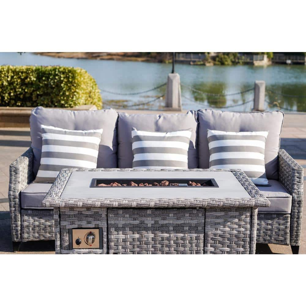 moda furnishings Torch Grey 5-Pieces Wicker Patio Conversation set with Fire pit and Grey Cushions MODAF-1802