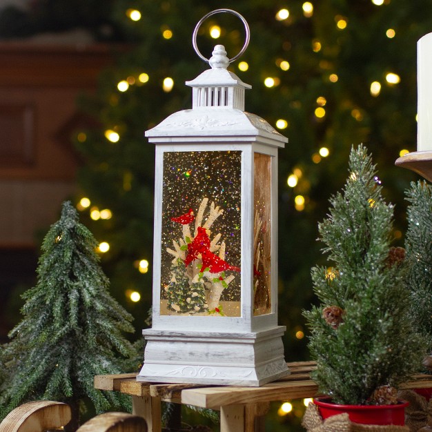 White And Brushed Silver Christmas Cardinals Snow Globe Lantern