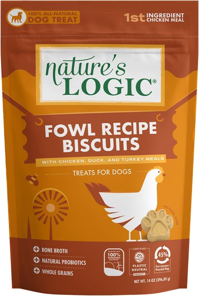 Nature's Logic Fowl Recipe Biscuits With Chicken， Duck and Turkey Meals Dog Treats， 14-oz bag