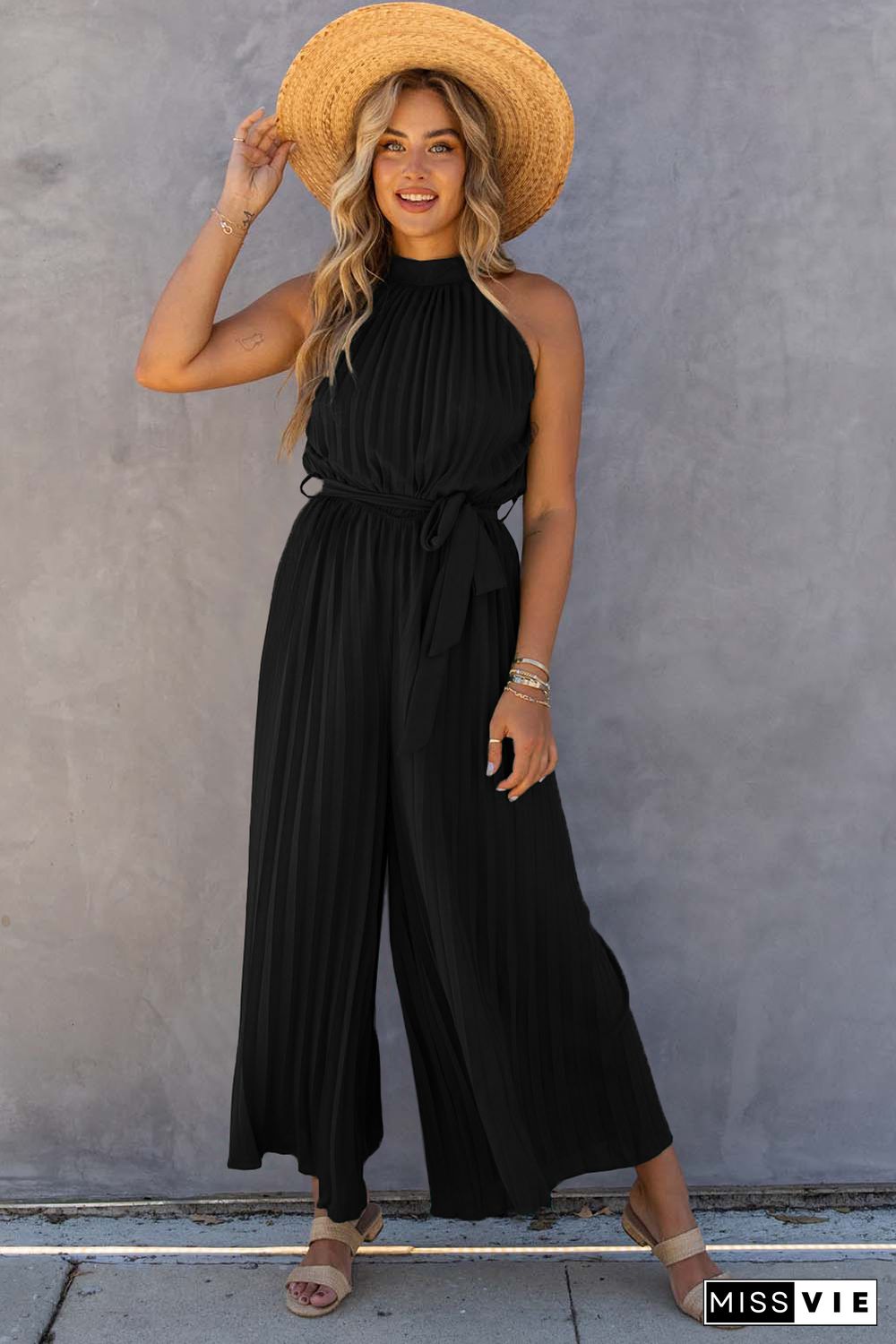 Black Halter Neck Pleated Wide Leg Jumpsuit with Belt