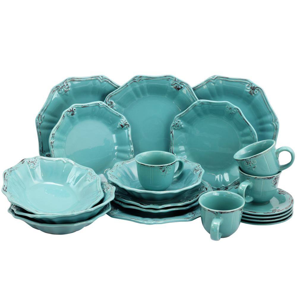 Elama Fleur De Lys 20-Piece Traditional Turquoise Stoneware Dinnerware Set (Service for 4) 985102839M