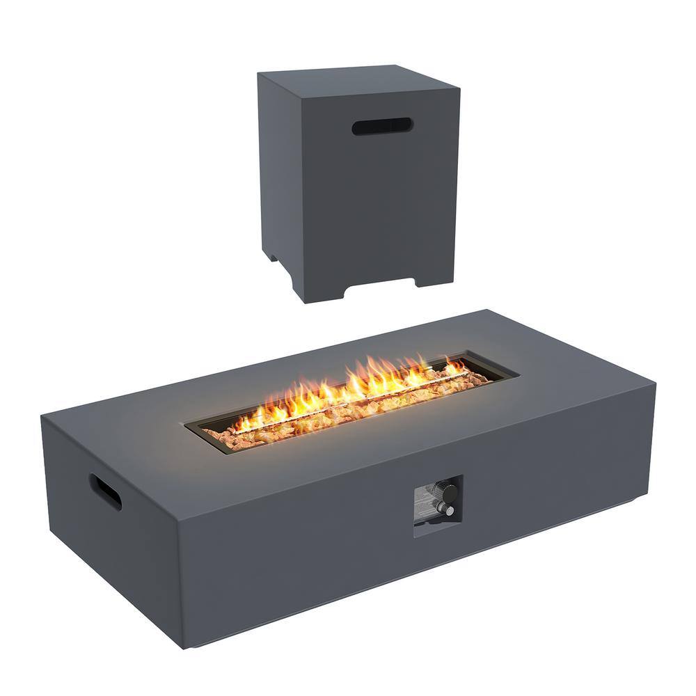 UPHA 56 in. x 28 in. Rectangular Concrete Propane Outdoor Fire Pit with Lava Rocks in Dark Gray HD-56MGO-GRAY-D