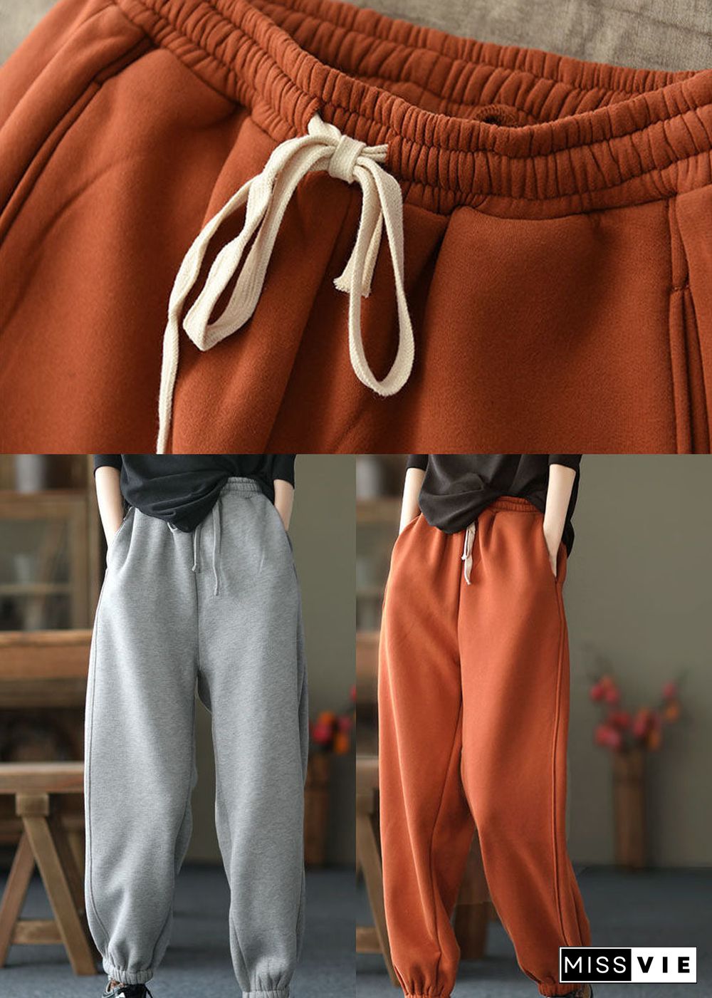 Orange elastic waist Warm Fleece harem Pants Winter