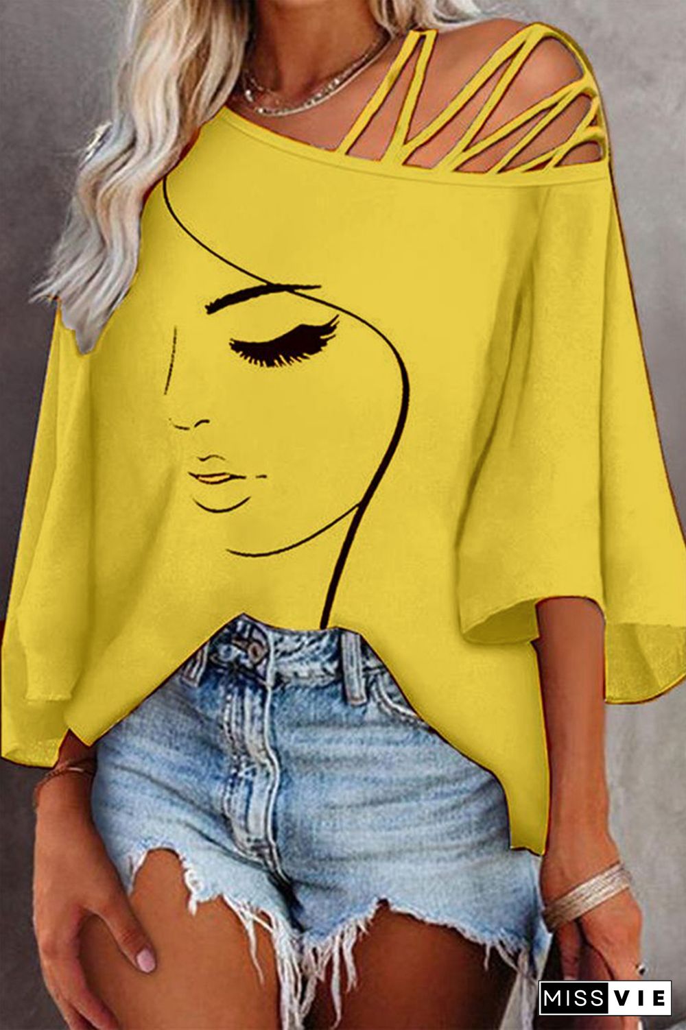 Figure Print Hollow Out Asymmetrical Neck Blouse